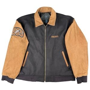 TGI Fridays Leather Wool Varsity Jacket 40th Anniversary Black Tan Large